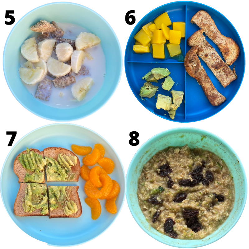 Toddler breakfast ideas - cereal, banana french toast, avocado toast, zucchini bread oatmeal