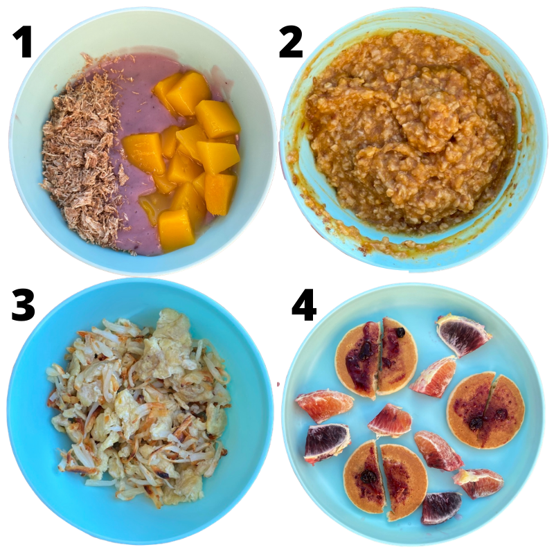 Toddler breakfast Ideas - smoothie bowl, carrot cake oatmeal, eggs and hashbrowns, mini pancakes