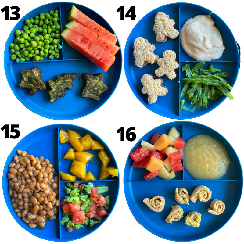 Toddler Lunch Ideas - Dr. Praegers Spinach littles, peanut butter & jelly, baked beans, avocado pinwheels
