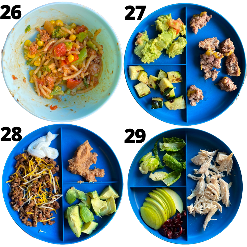 Toddler Dinner Ideas - spaghetti with veggies, deconstructed hamburger, taco plate, deconstructed chicken salad.