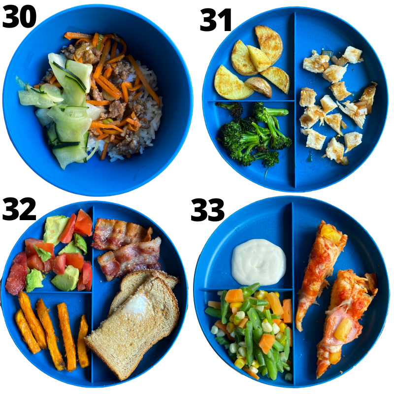 Toddler Dinner Ideas - Korean beef bowls, chicken and veggies, deconstructed BLTA, pizza