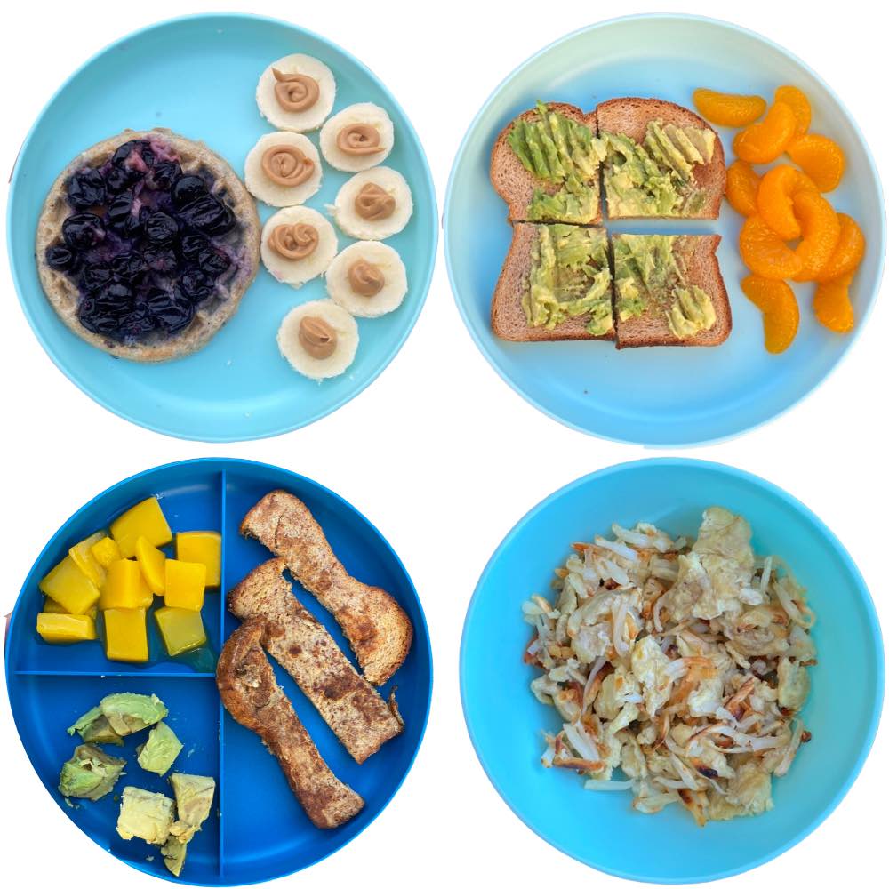Toddler Breakfasts: waffle with blueberries, avocado toast, french toast, hashbrowns and eggs