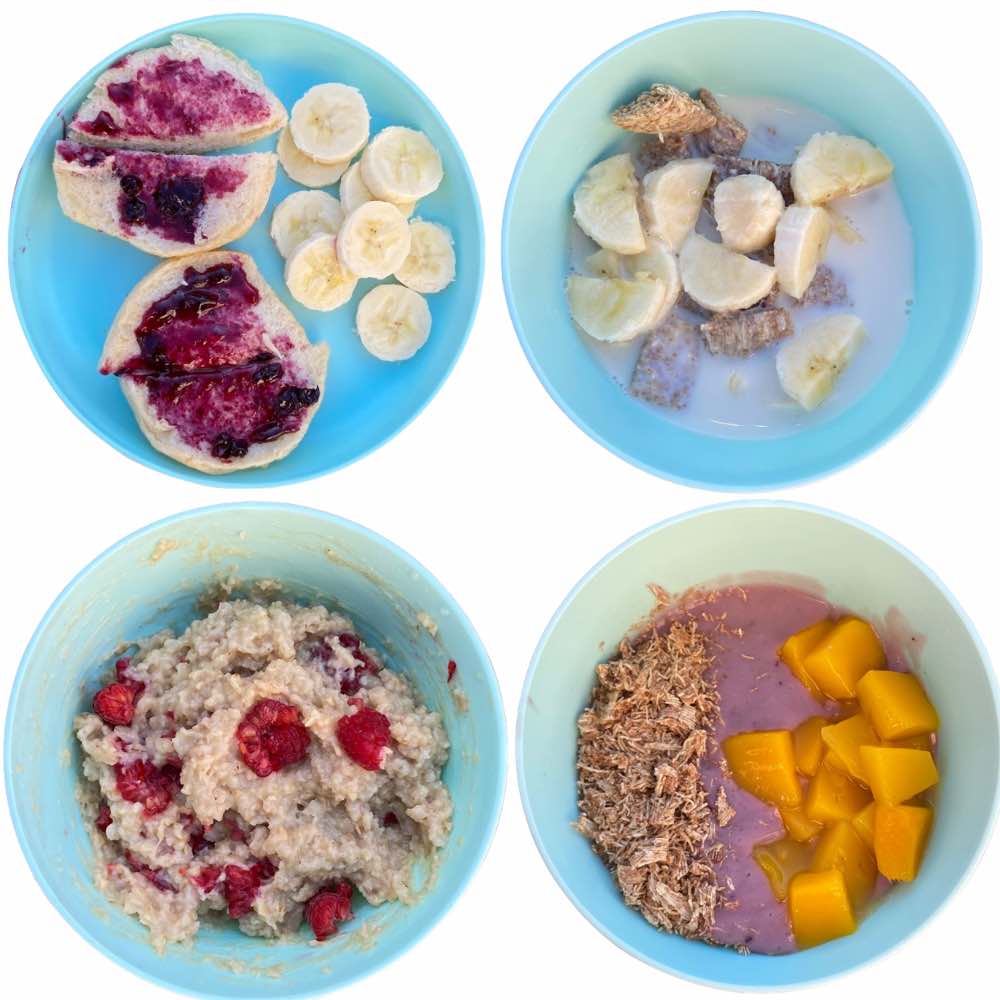 Toddler Breakfast: biscuit with jelly, cereal, oatmeal with raspberries, yogurt parfait