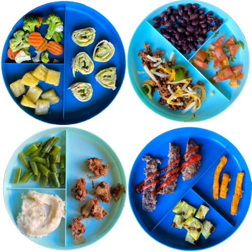 Toddler Dinner Ideas: Avocado pinwheels, taco plate, meatballs, hamburger
