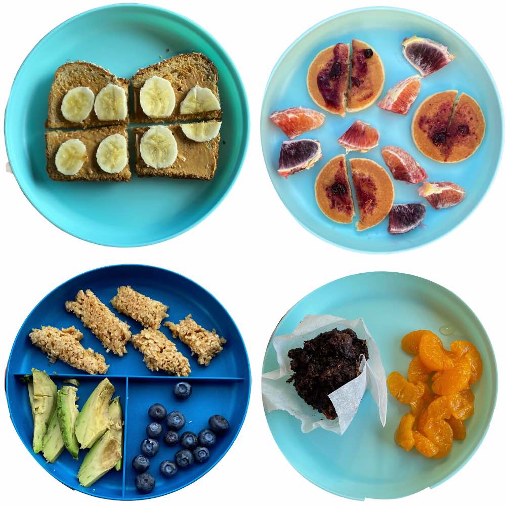 Toddler Breakfast: peanut butter banana toast, pancakes, oat bar, muffin