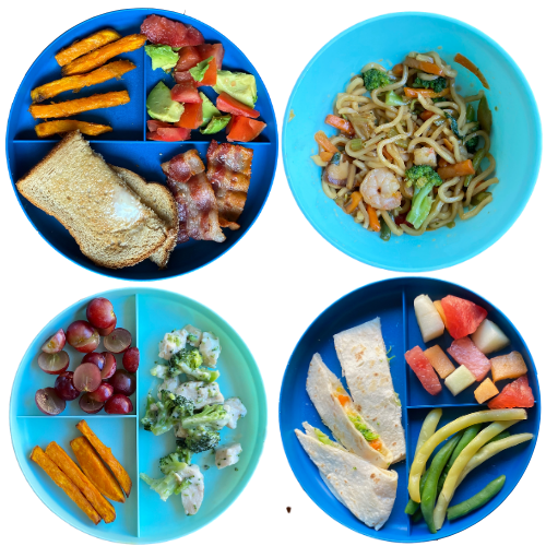 Toddler Dinner Ideas: BLTA, shrimp lomein, chicken and broccoli Alfredo, Veggie quesadilla