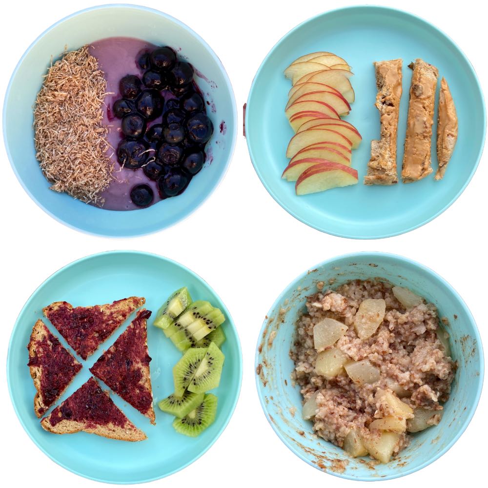 Toddler Breakfast: smoothie bowl, bagel with pb, toast with jelly, pear oatmeal