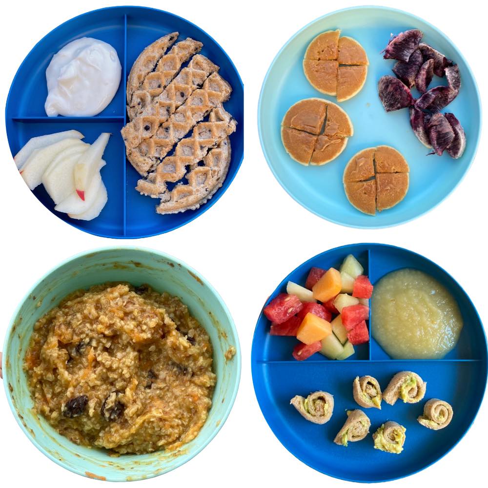 Toddler Breakfast: blueberry bagel, pancakes with pb, carrot cake oatmeal, avocado pinwheels