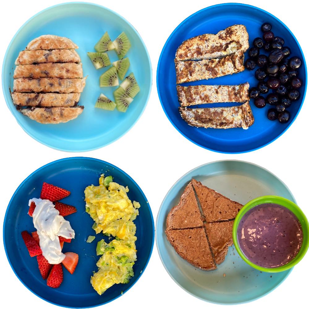 Toddler Breakfast: chocolate chip pancake, banana french toast, eggs with broccoli, peanut butter toast