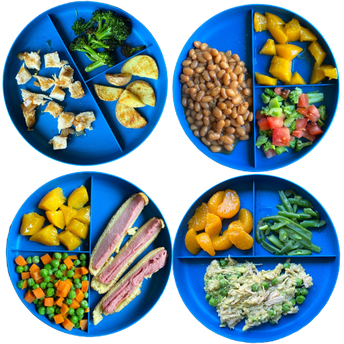 Toddler Dinner Ideas: chicken and gravy, baked beans, corn dog, chicken salad