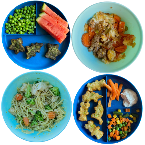 Toddler Dinner Ideas: Spinach littles, shepherd's pie, spaghetti and chicken, broccoli littles