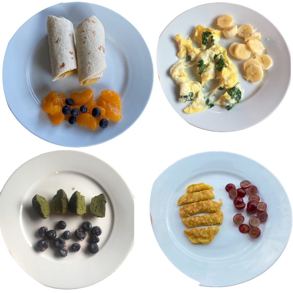 Toddler Breakfast: mini breakfast burrito, egg scramble, spinach muffin, eggy banana pancake