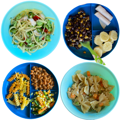 Toddler Dinner Ideas: shrimp linguini, black beans and corn, veggie pasta, chicken pot pie pasta