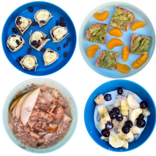 Dairy-Free Toddler Breakfast ideas: banana roll ups, avocado toast, pear oatmeal, cereal with ripple milk