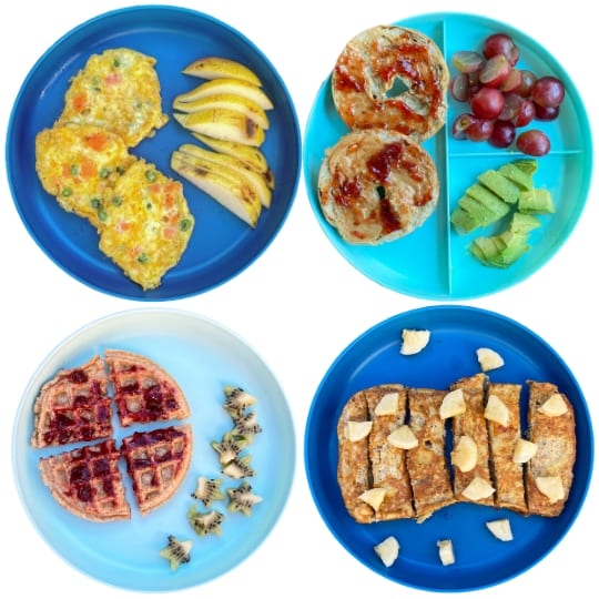 Dairy-Free Toddler breakfast ideas: egg fritters, mini bagel, waffles, banana french toast