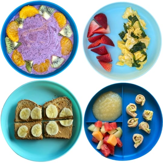 Dairy-Free toddler breakfast ideas: smoothie bowl, scrambled eggs, toast, pinwheels