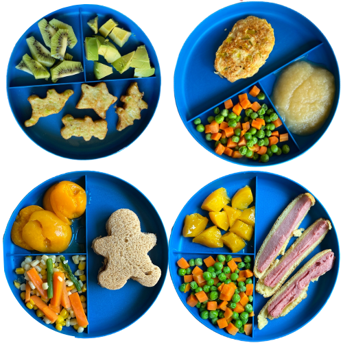 Dairy free toddler Lunches: broccoli littles, salmon cake, pb&honey sandwich, veggie corndog