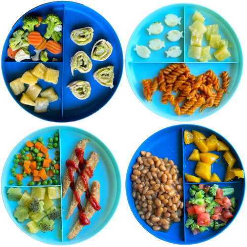 Dairy Free Toddler Lunches: avocado pinwheels, lentil pasta, veggie chicken strips, baked beans