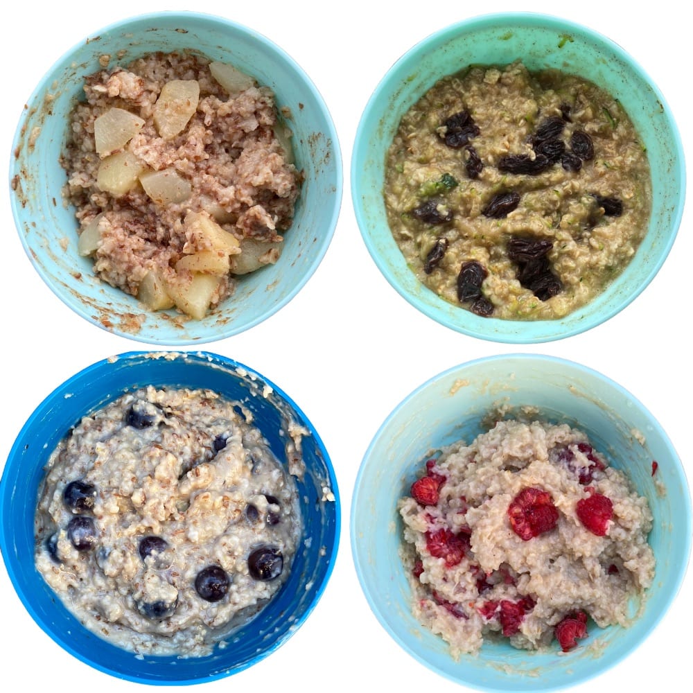 Four bowls of toddler oatmeal: cinnamon pear oatmeal, zucchini bread oatmeal, pb & blueberry oatmeal, pb & raspberry oatmeal.