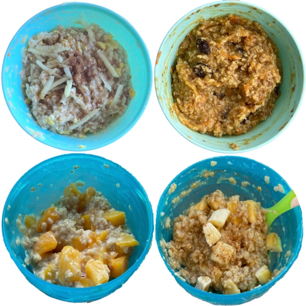 our bowls of toddler oatmeal: apple cinnamon oatmeal, carrot cake oatmeal, peaches & cream oatmeal, cinnamon banana oatmeal.