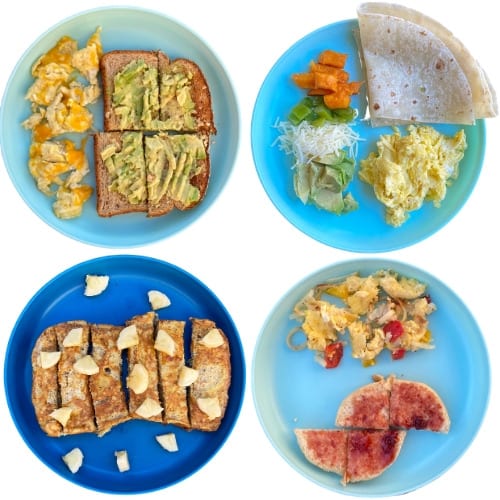 Toddler Breakfasts with Eggs: scrambled eggs with cheese, DIY breakfast burrito, banana french toast, breakfast scramble. 