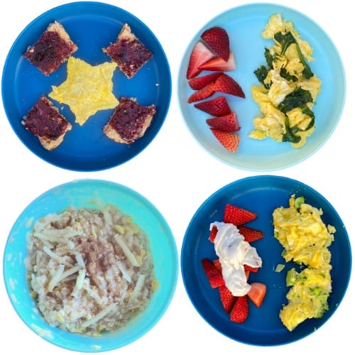Toddler Breakfasts with Eggs: cookie cutter eggs, scrambled eggs with spinach, oatmeal with eggs, broccoli and cheese scrambled eggs