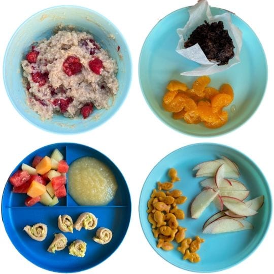 Toddler snack ideas: oatmeal with fruit, toddler muffin, pinwheels, goldfish and apples