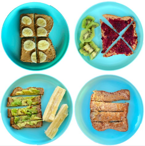 Toddler toast: peanut butter and banana toast, jelly toast, avocado toast, banana french toast.