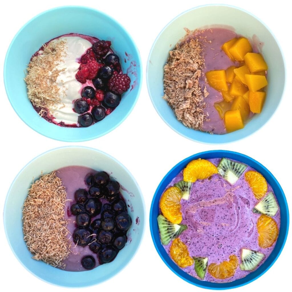 Toddler Yogurt: almondmilk yogurt with mixed berries, oatmilk yogurt with peaches, oatmilk yogurt with blueberries, smoothie bowl