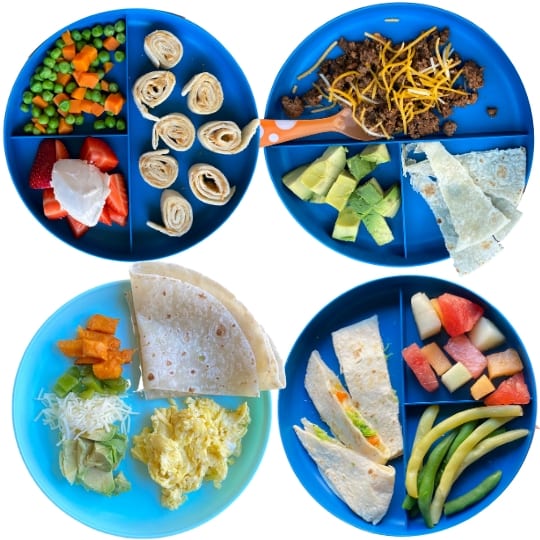 Toddler Meals with Tortillas: peanut butter pinwheels, on the side, DIY breakfast burrito, veggie quesadilla