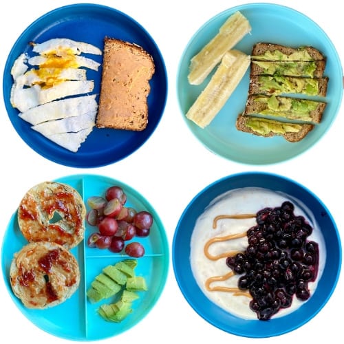 High-Calorie Toddler Breakfasts: fried egg, avocado toast, pb&j bagel, yogurt parfait with pb