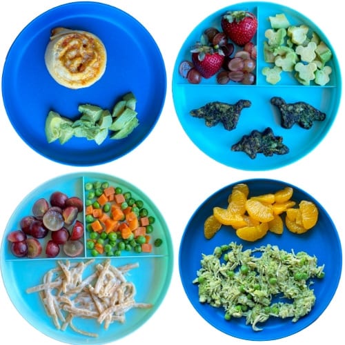 High-calorie toddler lunch: pizza pinwheels, spinach littles, alfredo, avocado chicken salad