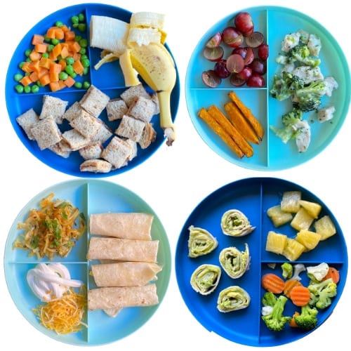 High-calorie toddler lunch: peanut butter & jelly, chicken alfredo, mini breakfast burrito, avocado pinwheels