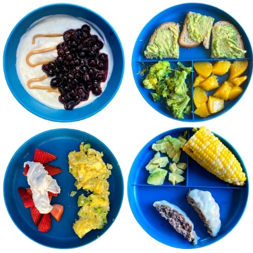 High-calorie toddler meal ideas: yogurt parfait, avocado toast, eggs, cheeseburger.