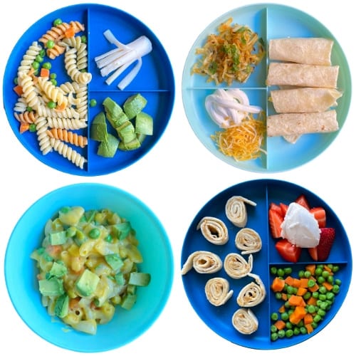 High-calorie toddler meal ideas: pasta with butter, mini breakfast burrito, mac and cheese with avocado, peanut butter pinwheels.