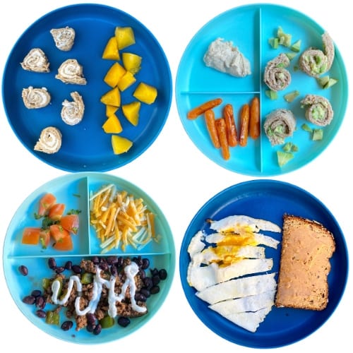 high-calorie toddler meal ideas: cream cheese pinwheels, avocado pinwheels, deconstructed taco plate, fried egg and peanut butter toast