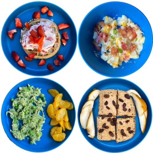 High-calorie toddler meal ideas: waffle with strawberries and coconut cream, loaded cauliflower, avocado chicken salad, peanut butter toast with raisins