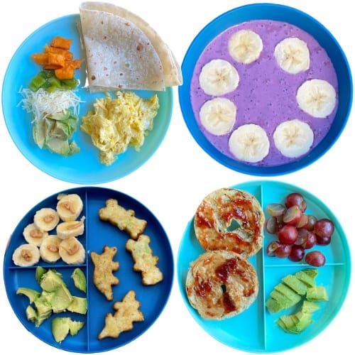 High-Calorie Toddler Meal Ideas - DIY breakfast burrito, smoothie bowl, broccoli littles with banana and avocado, pb&j mini bagel