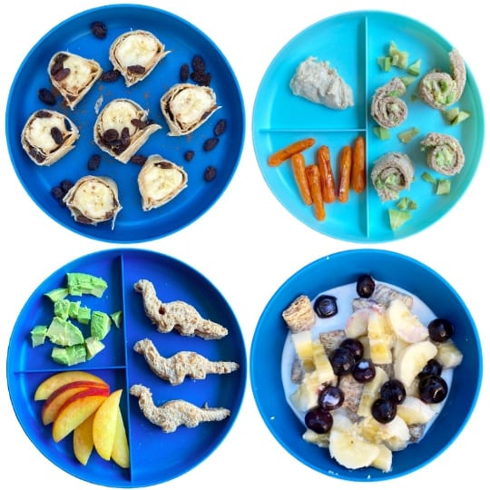 No-Cook Toddler Meals and Ideas: banana sushi, avocado bread piwheels, pb&j, cereal with milk and fruit