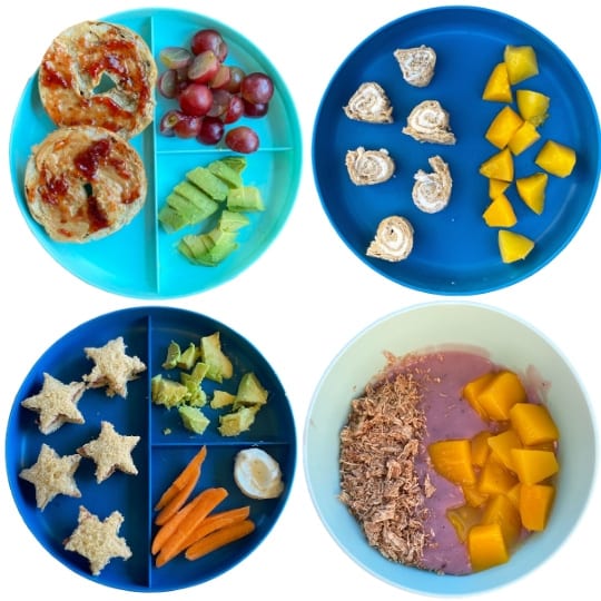 No-Cook Toddler Meals and Ideas: mini bagel, cream cheese pinwheels, peanut butter banana sandwich, yogurt parfait