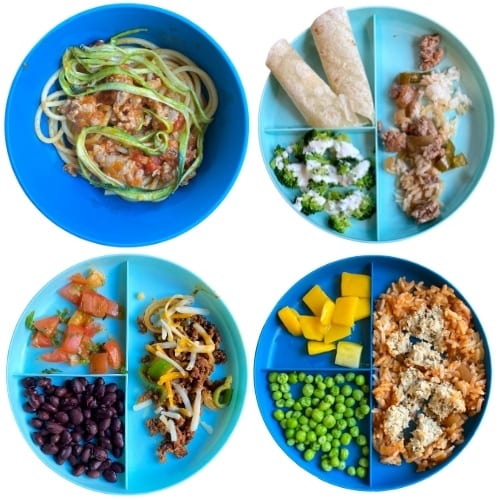 Toddler Dinner Ideas: zoodles, bulgogi pork, taco plate, meatballs with rice