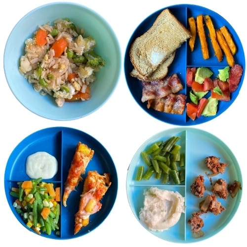Toddler Dinner Ideas: chicken fried rice, deconstructed BLTA, pizza, meatloaf meatballs
