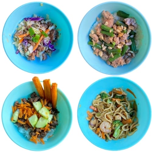 Toddler Dinner Ideas: Egg roll in a bowl, pork stir fry, beef bulgogi bowl, shrimp chow mein