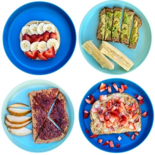 Toddler Meal Ideas: Waffle with fruit, avocado toast, jelly toast, french toast