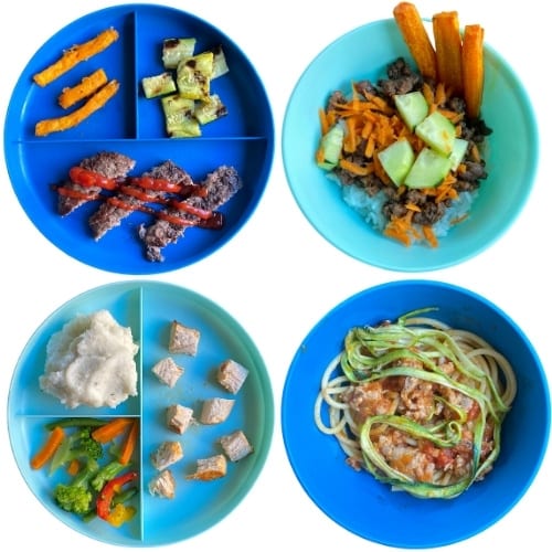 Toddler Meal Ideas: hamburger, Korean beef bowl, roasted chicken, zoodles