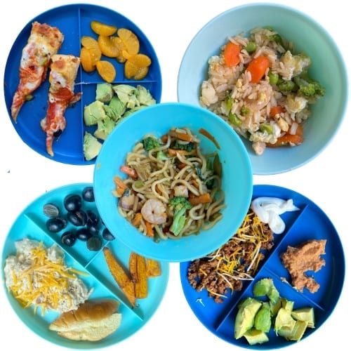 Toddler Meal Ideas: pizza, chicken fried rice, shrimp chow mein, pulled chicken, taco plate