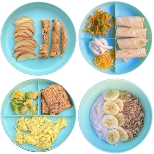 Toddler Meal Ideas: english muffin, mini breakfast burritos, scrambled eggs, yogurt parfait