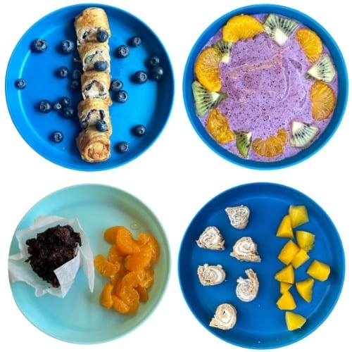 Toddler Meal Ideas: French toast roll, smoothie bowl, toddler muffins, cream cheese pinwheels