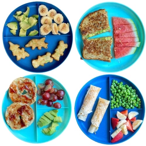 Toddler Meal Ideas: Broccoli LIttles, avocado grilled cheese, pb&j bagel, cheese roll up