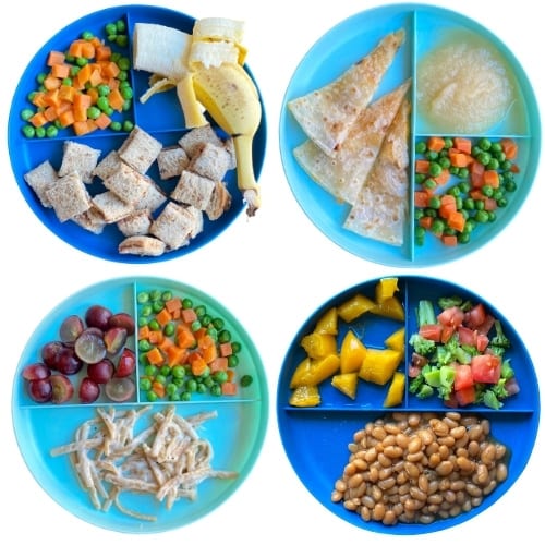 Toddler Meal Ideas: PB&J bites, quesadilla, veggie alfredo, baked beans